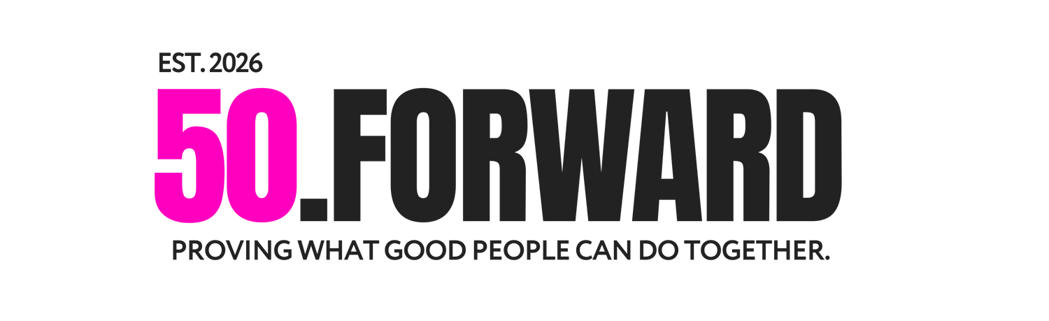 Logo with '50_FORWARD' text featuring a pink dot and black letters on a white background.